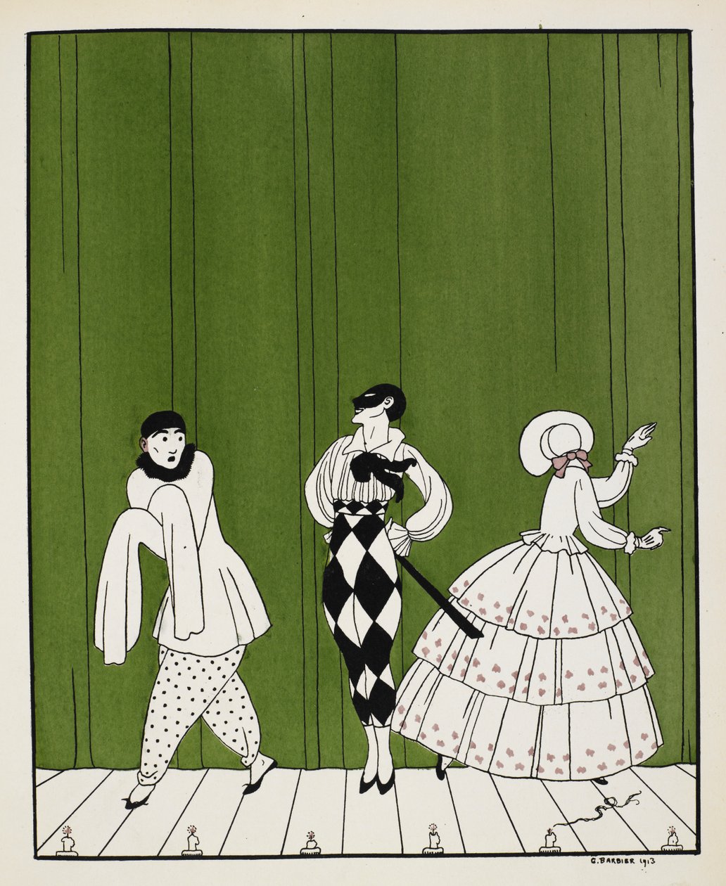 Trzy postacie z baletu Carnaval z 1910 roku, skomponowanego przez Roberta Schumanna. Po lewej mim. Pośrodku stoi mężczyzna ubrany w białą koszulę z czarnym krawatem i kraciaste spodnie, w masce. Po prawej dama zwrócona tyłem do głowy autorstwa Georges Barbier
