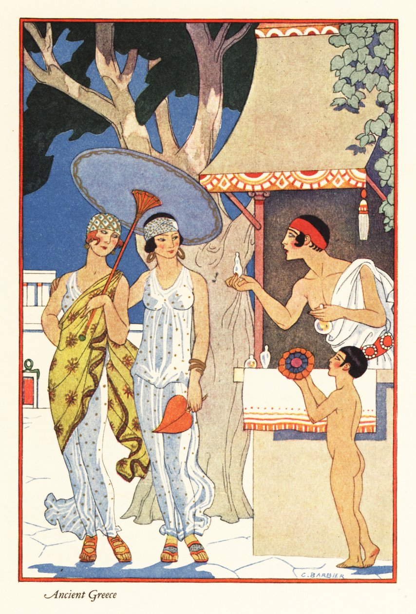 Dwie kobiety robią zakupy na stoisku sprzedawcy perfum w starożytnej Grecji 1928 (druk) autorstwa Georges Barbier