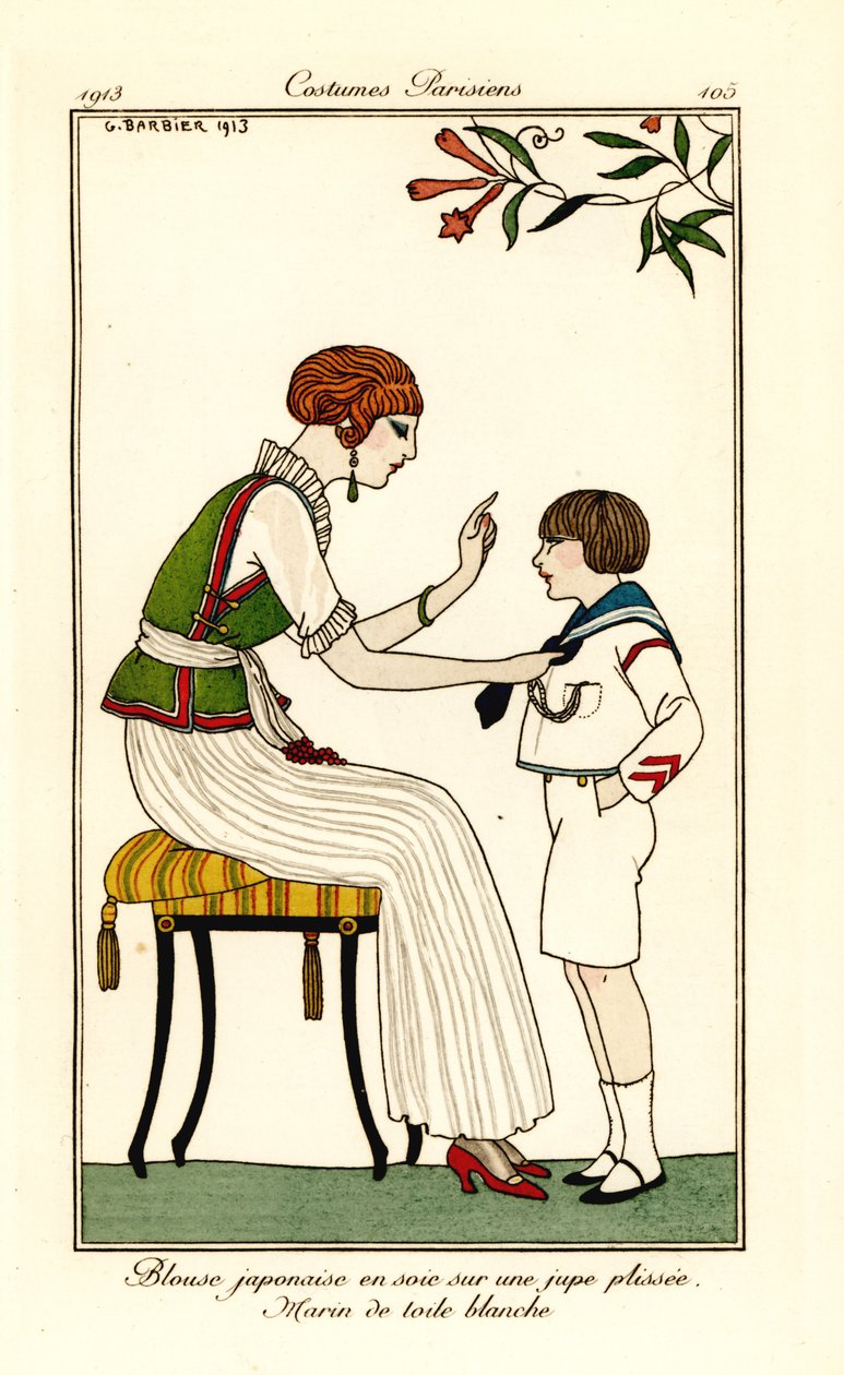 Kobieta w japońskiej jedwabnej bluzce i długiej plisowanej spódnicy autorstwa Georges Barbier