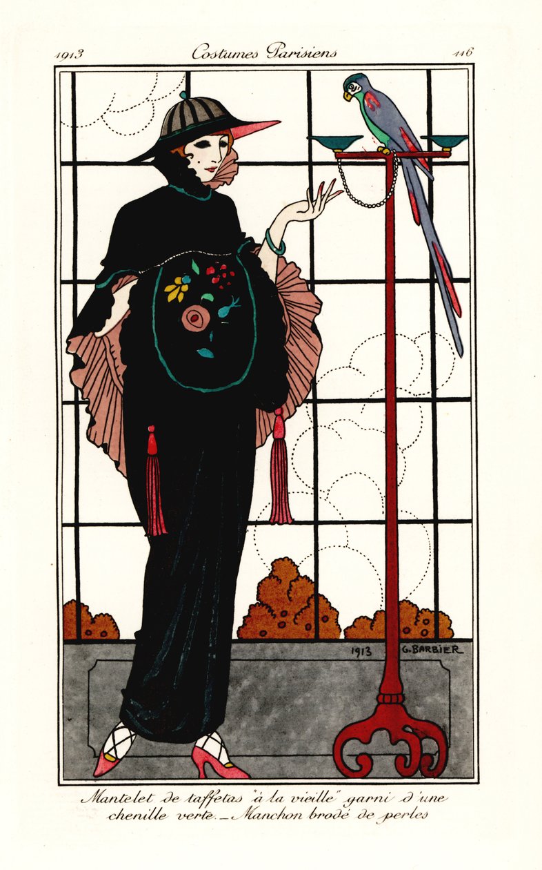 Kobieta w pelerynie ze starej tafty z papugą autorstwa Georges Barbier