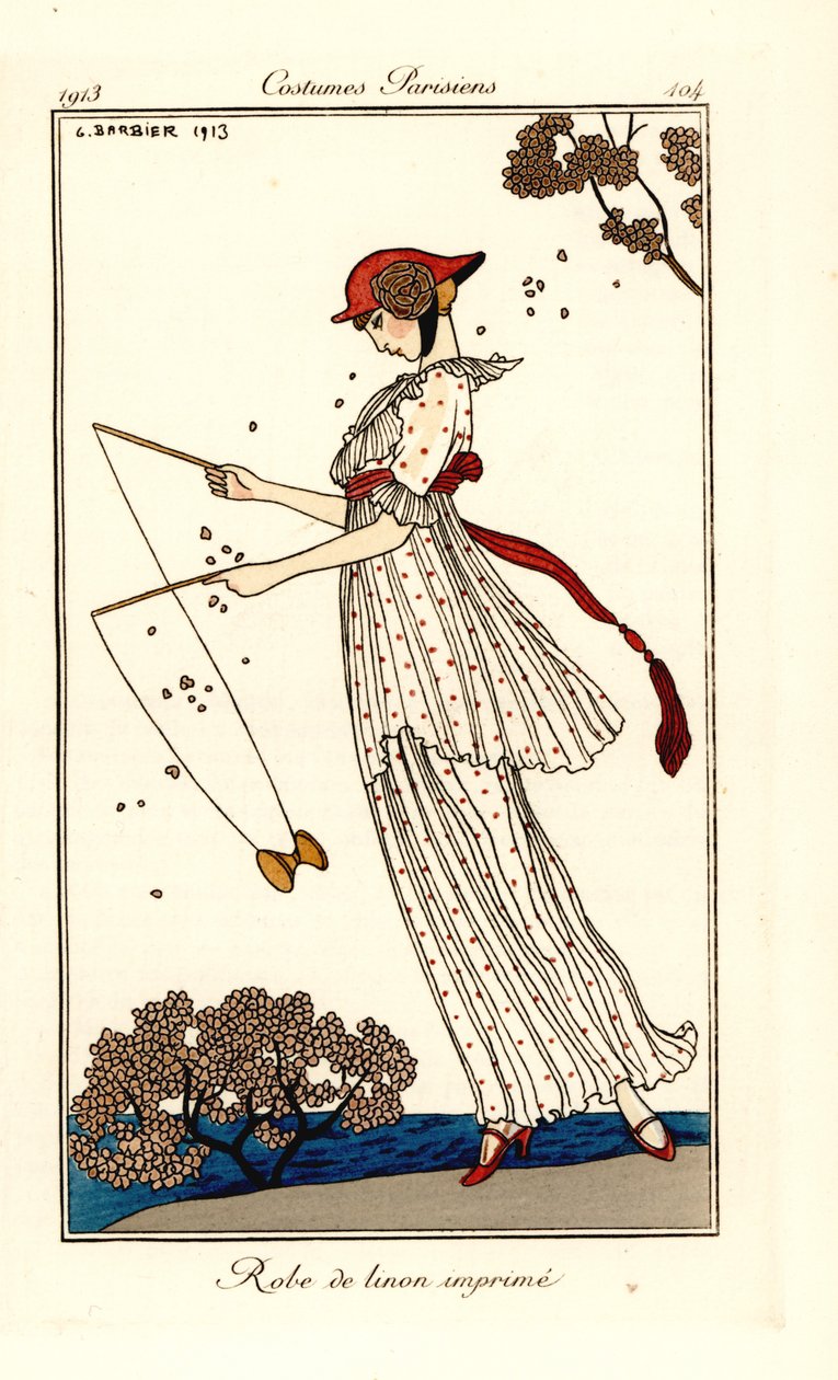 Kobieta w sukni z drukowanego lnu grająca w diabolo autorstwa Georges Barbier
