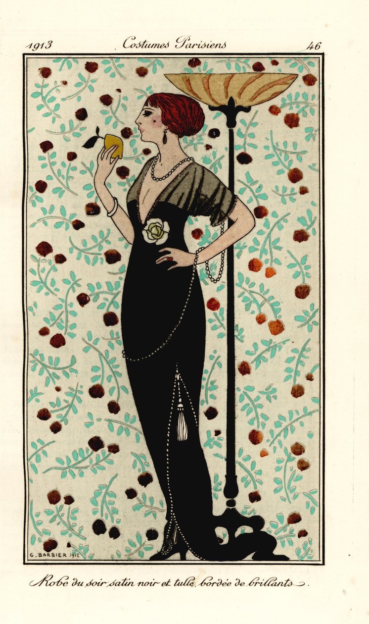 Kobieta w wieczorowej sukni z czarnej satyny i tiulu, obszytej brylantami. Szata de soir satin noir et tulle, bordee de brillants. Ręcznie kolorowany pochoir (szablon) akwaforta według ilustracji George