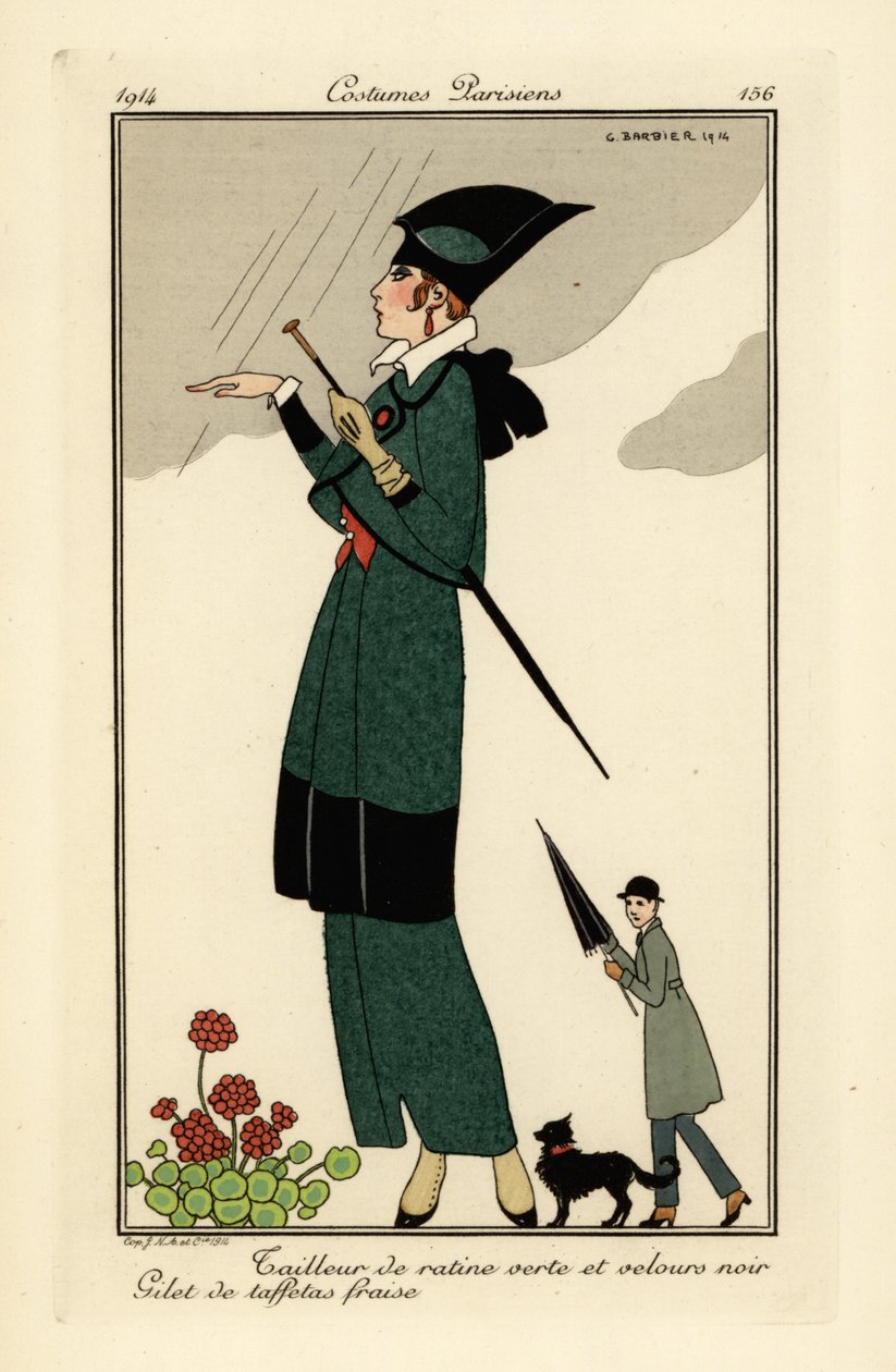 Kobieta w kolorze zielonym ratine i czarnym aksamicie. autorstwa Georges Barbier
