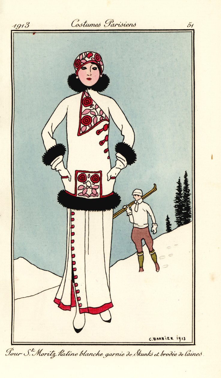 Kobieta w stroju St. Moritz z białego fryzu z lamówką typu Skunk i haftem z wełny. Wlać St. Maritz ratine blanche garnie de skunks et brodee de laine. Ręcznie kolorowany pochoir (szablon) akwaforta wg ilustracji George