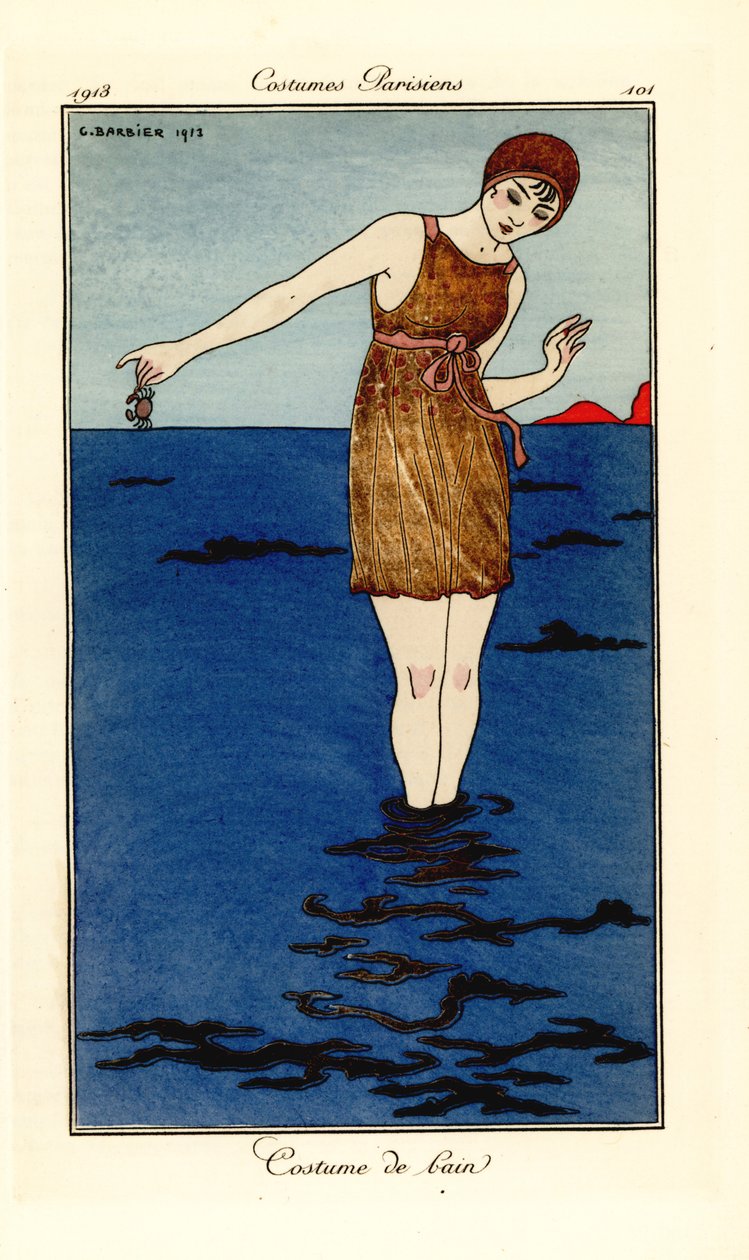 Kobieta w stroju pływackim do kostek w morzu na plaży trzymająca kraba. Kostium de bain. Ręcznie kolorowana akwaforta pochoir (szablon) według ilustracji George