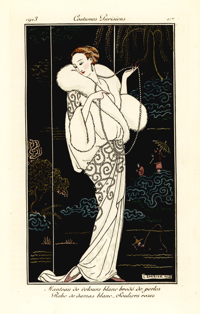 Kobieta w aksamitnej pelerynie, adamaszkowej sukience i różowych kapciach. autorstwa Georges Barbier