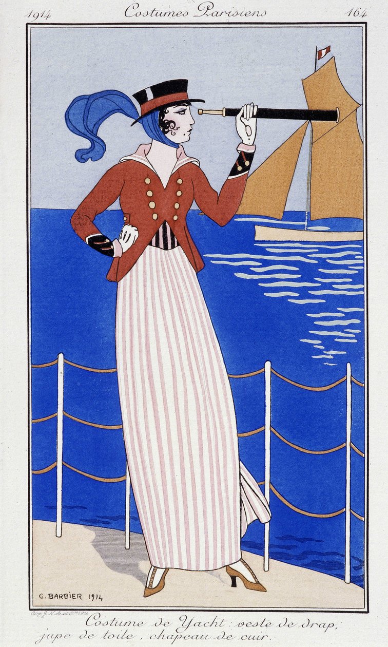 Kobieta patrząca w dal, w marynarskim garniturze - Moda 1914 autorstwa Georges Barbier