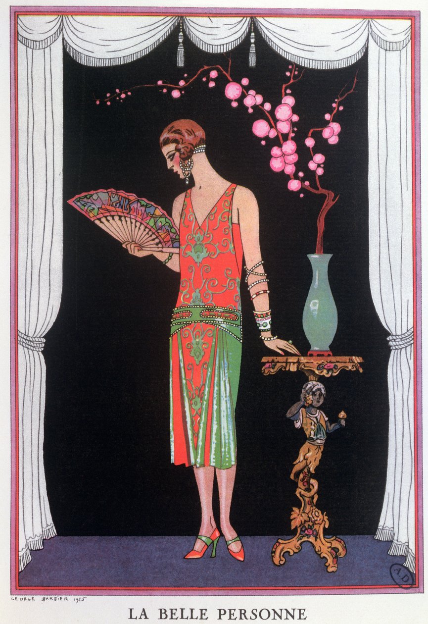 Worth suknia wieczorowa, modny talerz z Gazette du Bon Ton autorstwa Georges Barbier