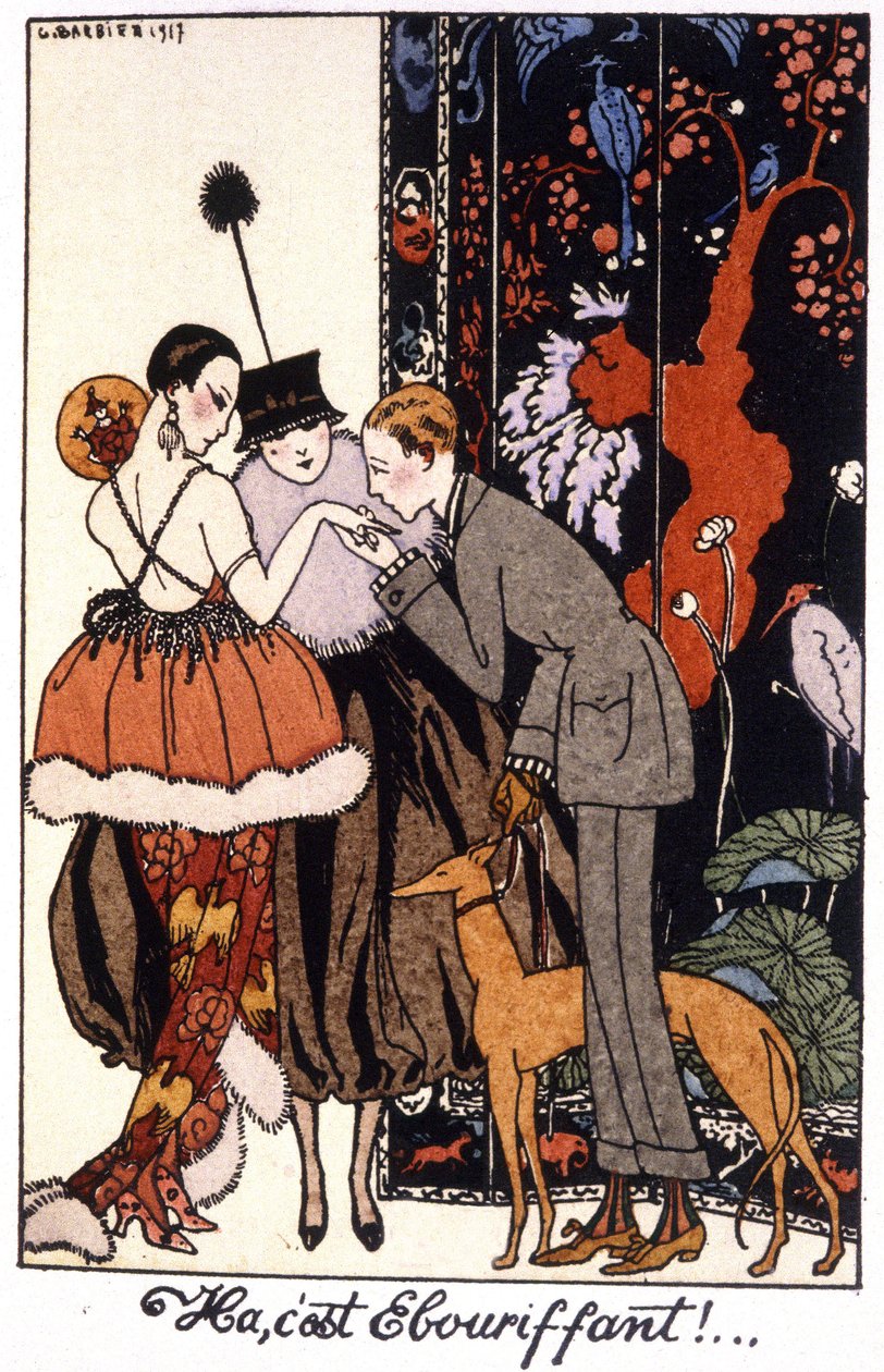całowanie dłoni, noc elegancji w Paryżu, rycina 1917 autorstwa Georges Barbier