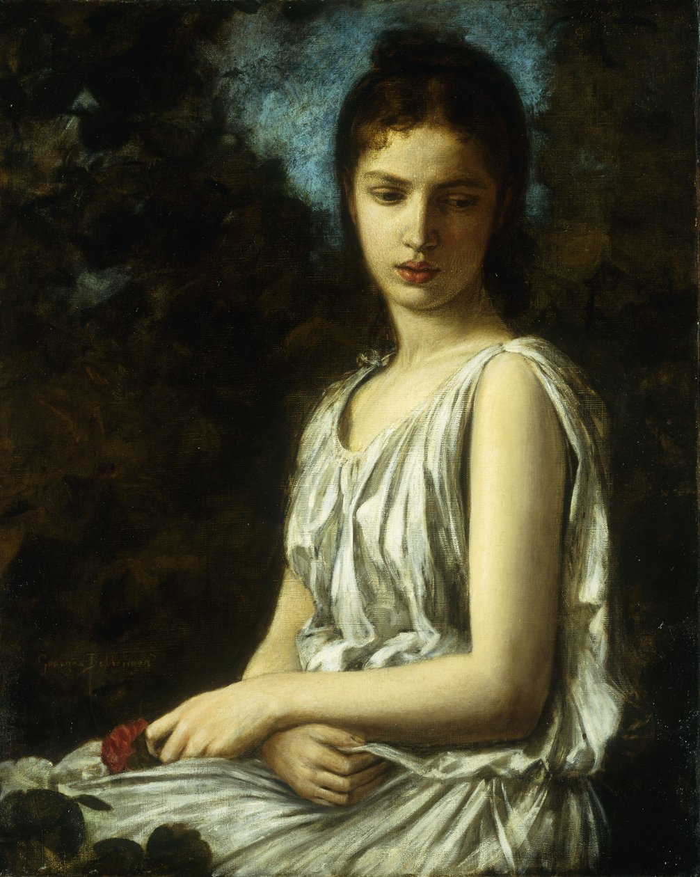 Młoda kobieta w klasycznej sukience, trzymająca czerwoną różę autorstwa Georges Bellanger
