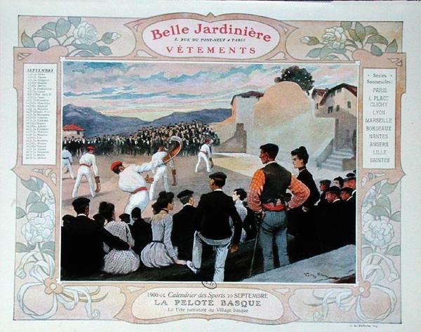Pelota baskijska, ilustracja na wrzesień z kalendarza sklepu odzieżowego „La Belle Jardiniere” autorstwa Georges Bertin Scott