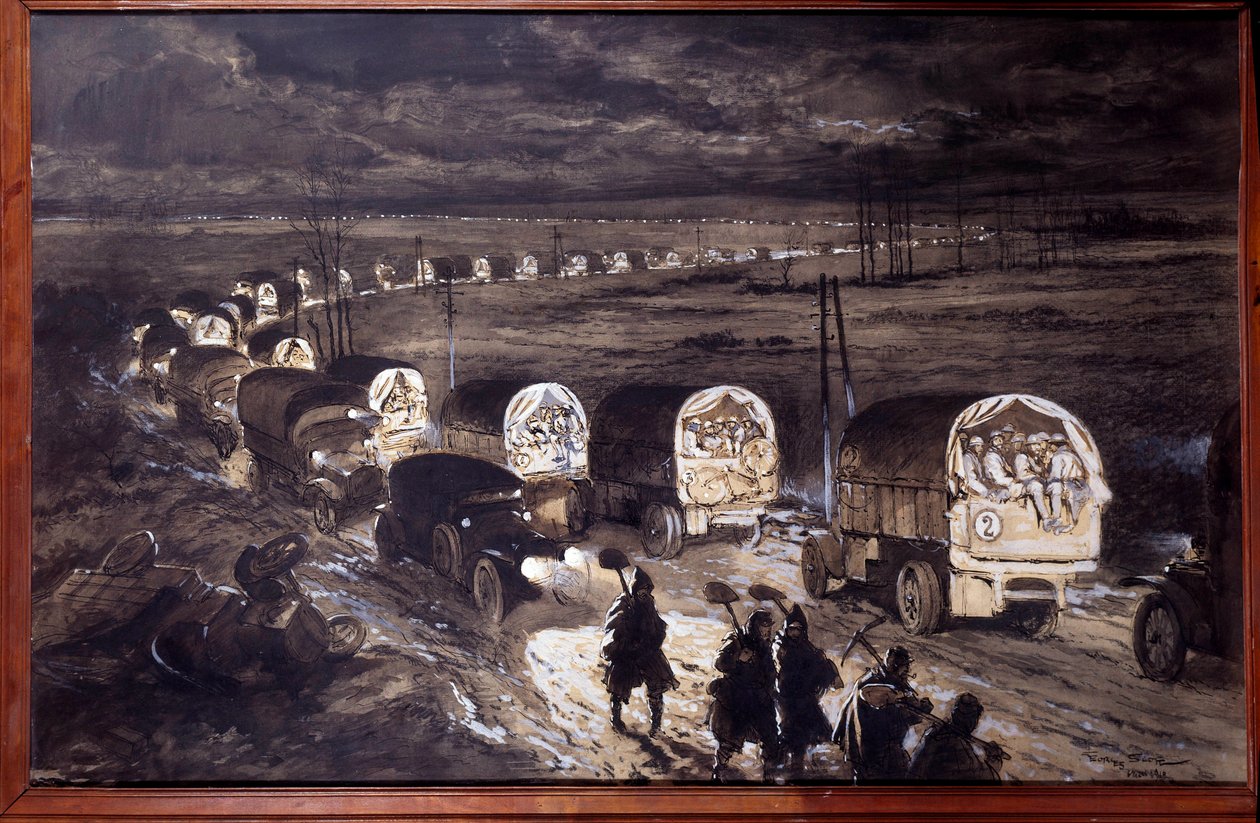 Pierwsza Wojna Światowa (1914-1918): Akwarela „Święta droga Verdun” Georgesa Bertina Scotta (1873-1942) dit Scott de Plagnolles. Marzec 1916. Słońce 0,7x1,1 m Paryż, musee de l