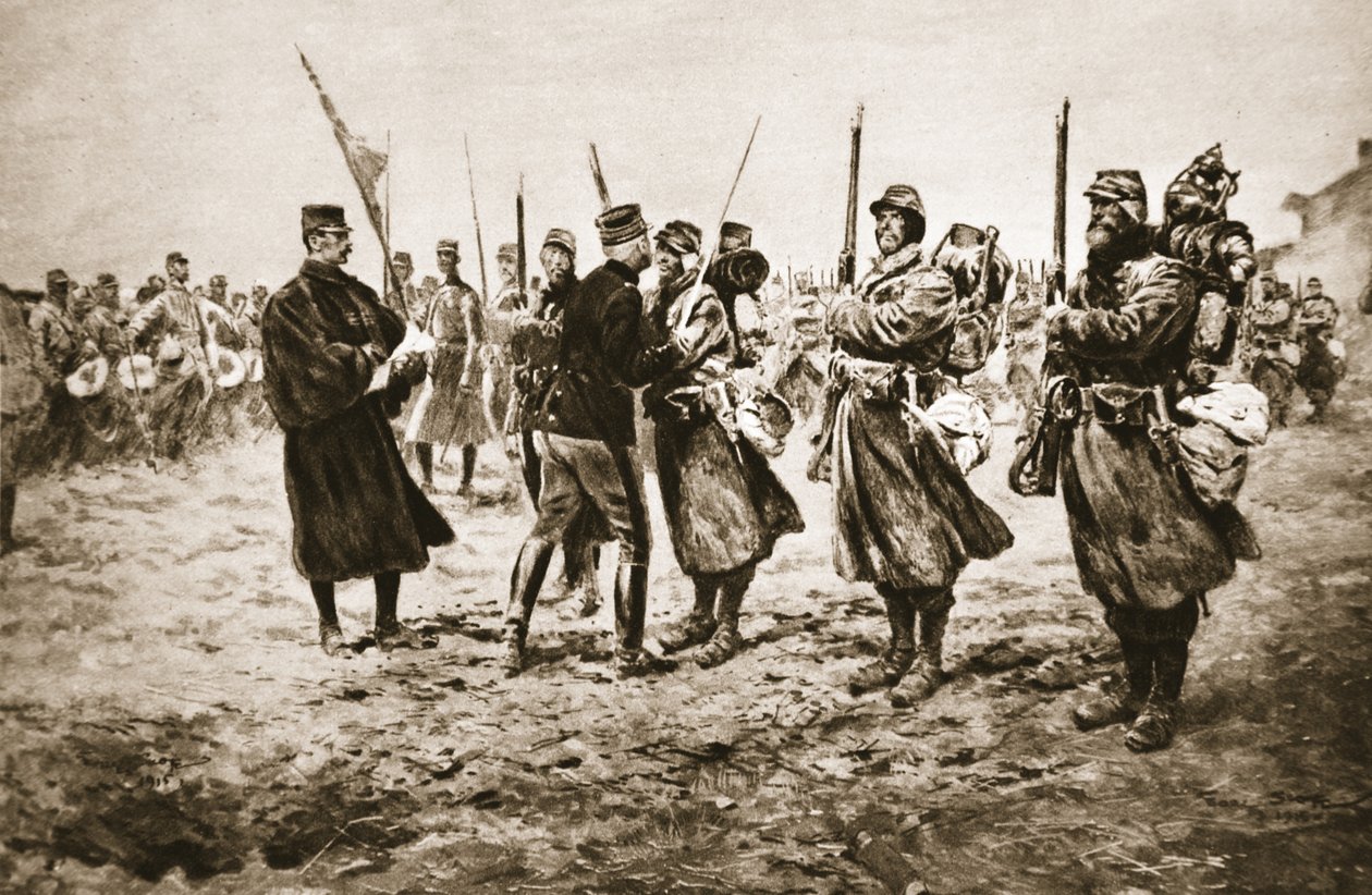 Uhonorowanie dzielnych na linii ognia: francuski generał oddający odznaczenie mężczyznom odznaczonym wojskowym medalem, z „Ilustrowanych wiadomości wojennych” autorstwa Georges Bertin Scott