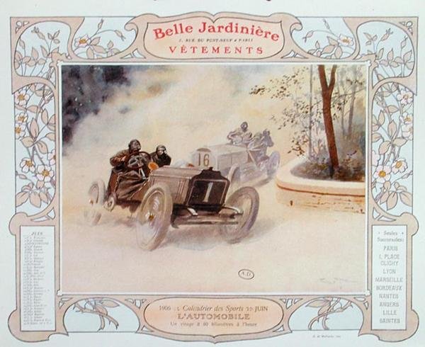 Wyścigi samochodowe, ilustracja na czerwiec z kalendarza sklepu odzieżowego „La Belle Jardiniere” autorstwa Georges Bertin Scott
