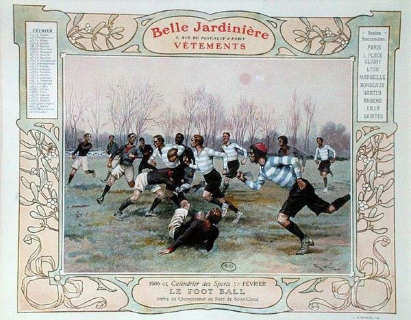 Rugby, ilustracja na luty z kalendarza sklepu odzieżowego „La Belle Jardiniere” autorstwa Georges Bertin Scott