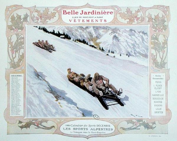 Saneczkarstwo, ilustracja na grudzień z kalendarza sklepu odzieżowego „La Belle Jardiniere” autorstwa Georges Bertin Scott