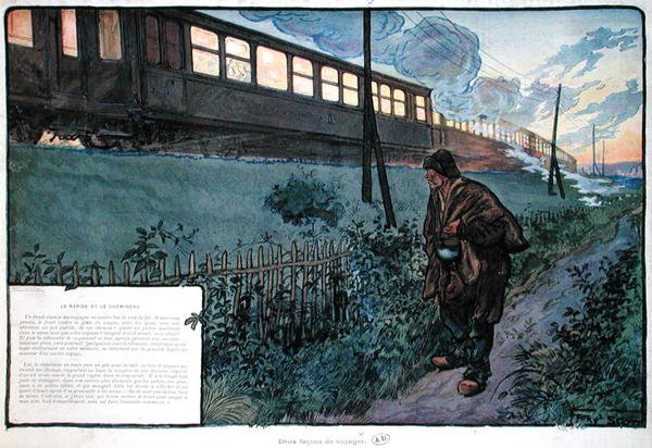 Dwie metody podróżowania, pociąg ekspresowy i włóczęga, początek XX wieku (kolor lito) autorstwa Georges Bertin Scott