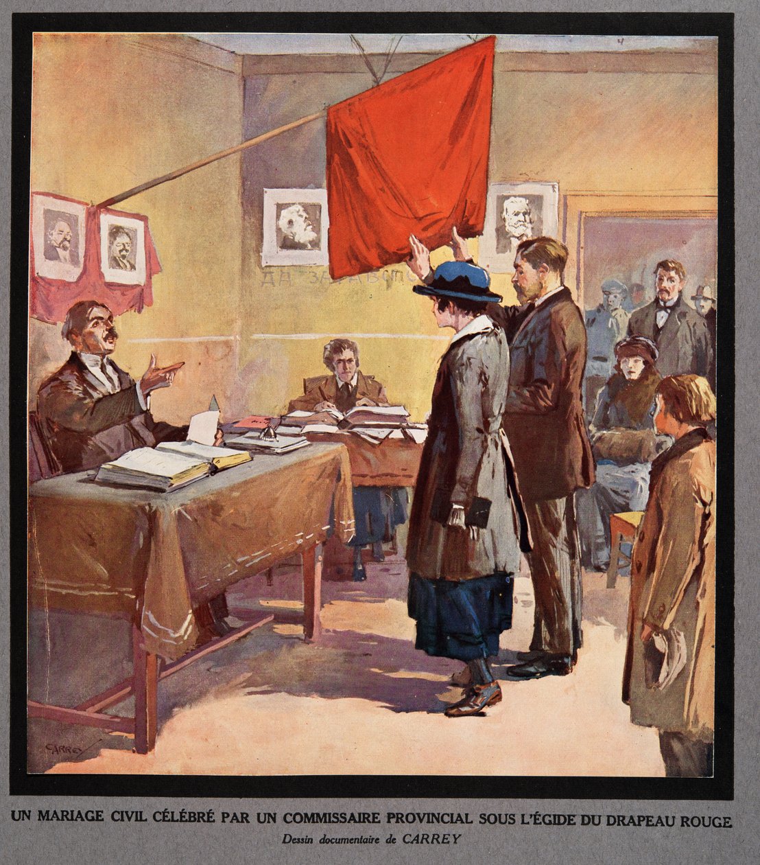 Ślub cywilny zawarty przez komisarza prowincji pod egidą Czerwonego Sztandaru, z Histoire des Soviets, pub. 1922 (kolorowa litografia) autorstwa Georges Carrey