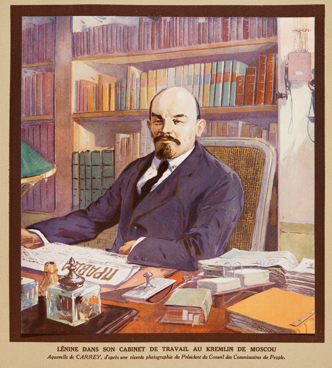 Lenin w swoim biurze na Kremlu w Moskwie, z Histoire des Soviets, wyd. 1922 (kolorowa litografia) autorstwa Georges Carrey