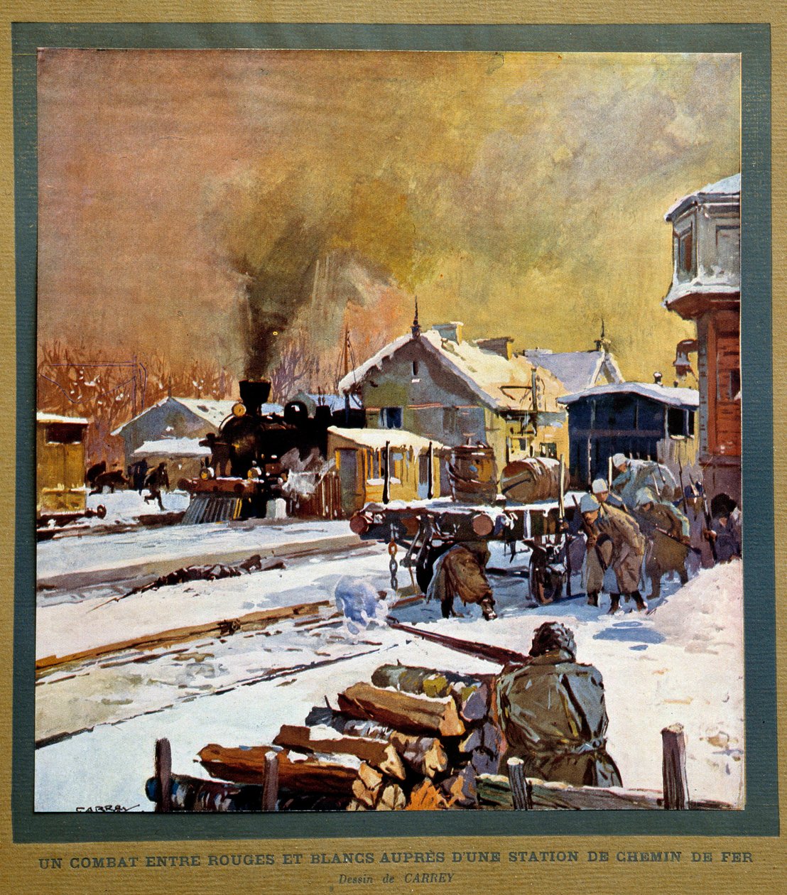 Rewolucja rosyjska 1917 roku: bitwa między białymi i czerwonymi w pobliżu stacji kolejowej autorstwa Georges Carrey