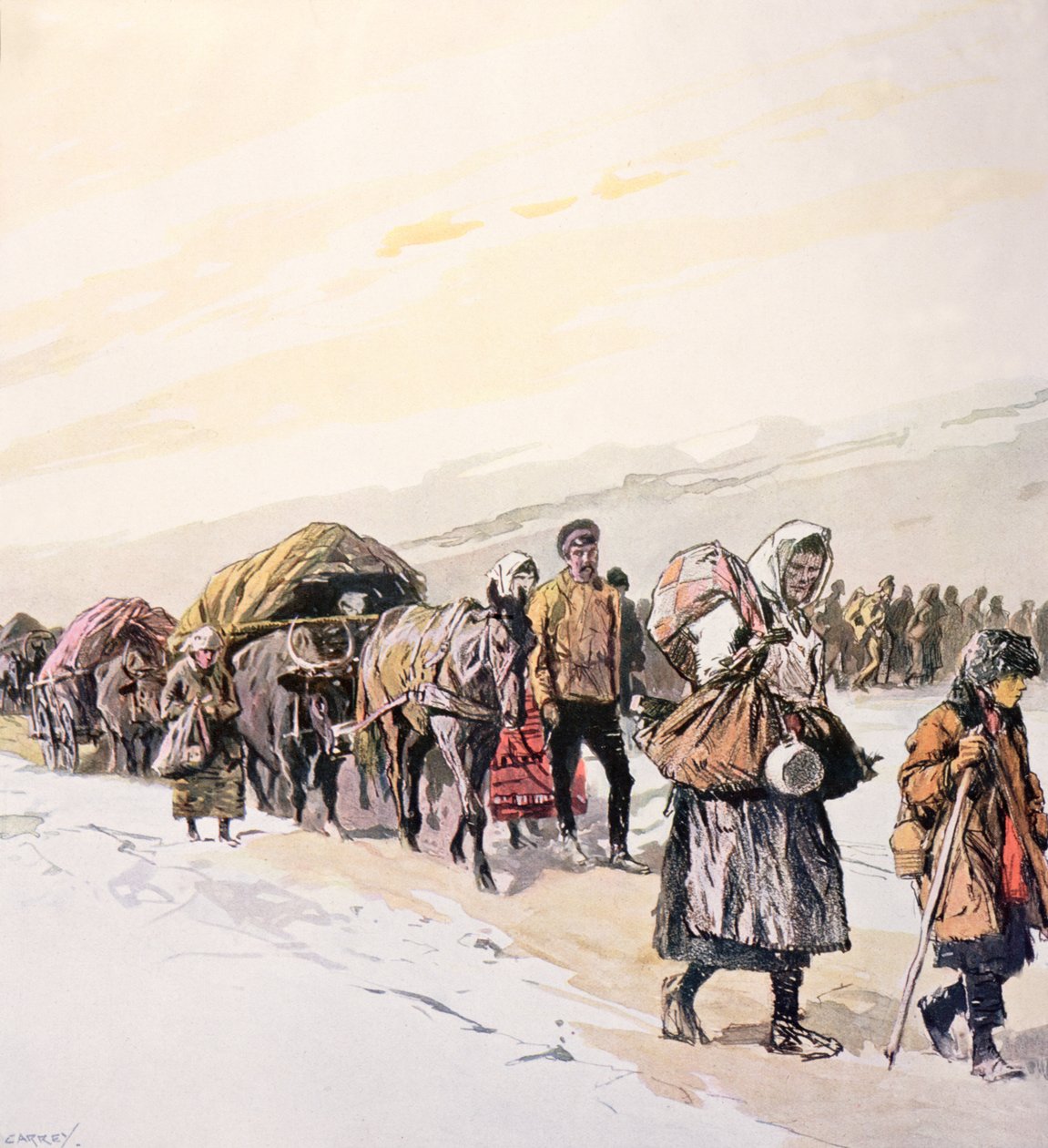 Głodujące tłumy opuszczające ojczyznę, ok. 1924 (kolorowa litografia) autorstwa Georges Carrey