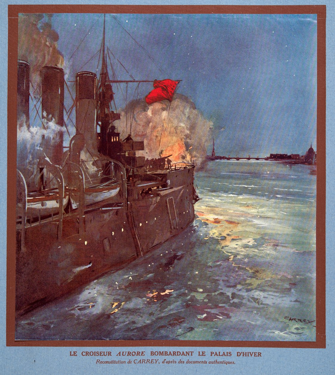 Krążownik Aurora ostrzeliwujący Pałac Zimowy, z Histoire des Soviets, wyd. 1922 (kolorowa litografia) autorstwa Georges Carrey