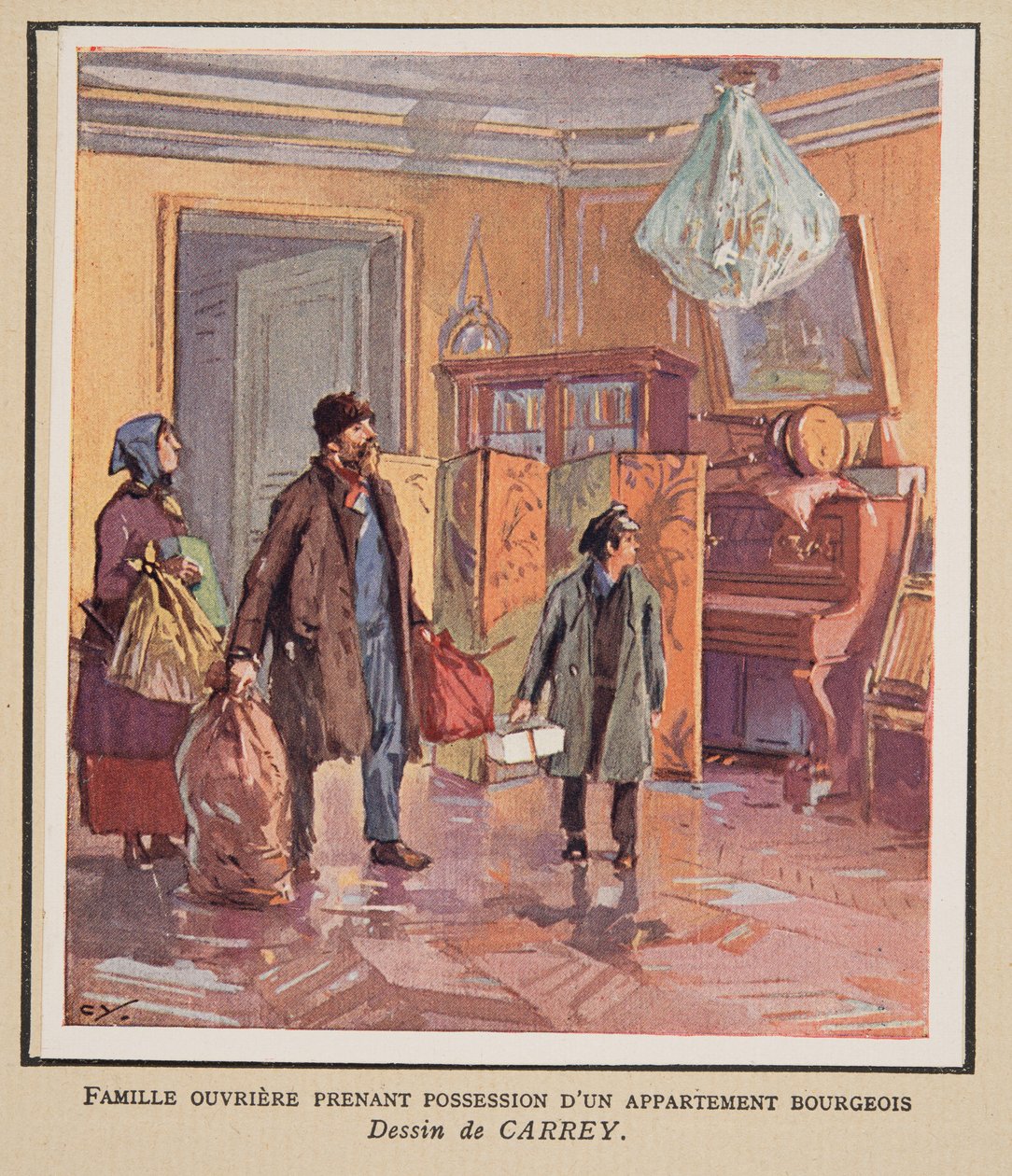 Robotnicza rodzina przejmująca burżuazyjne mieszkanie, z Histoire des Soviets, pub. 1922 (kolorowa litografia) autorstwa Georges Carrey