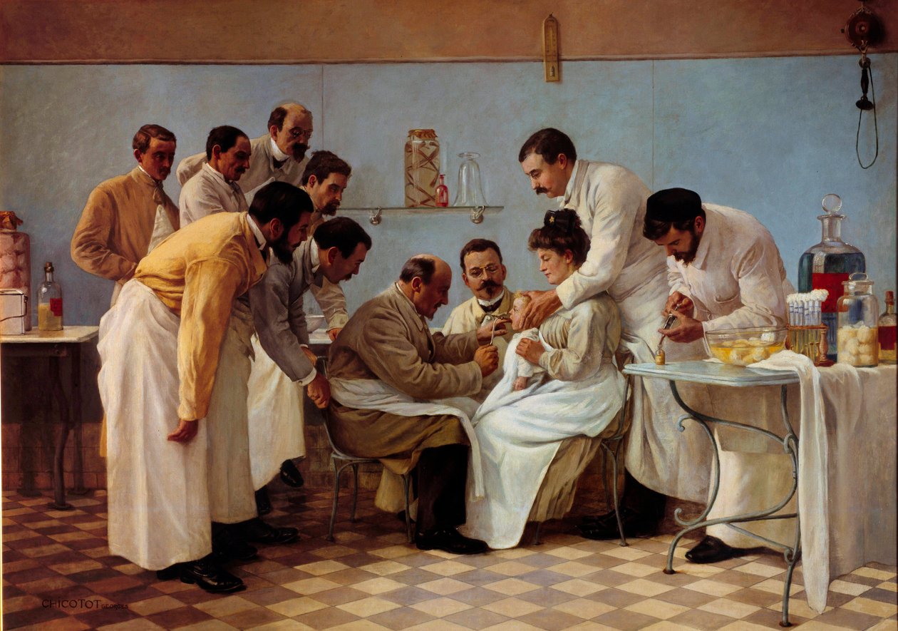 Lek: „”Osłonka””” Wprowadzenie rurki ma dziecko z błonicą. Obraz Georgesa Chicotota (czynny w latach 1899-1907). XX wieku niedz. 1,3x1,8 m Musee de l