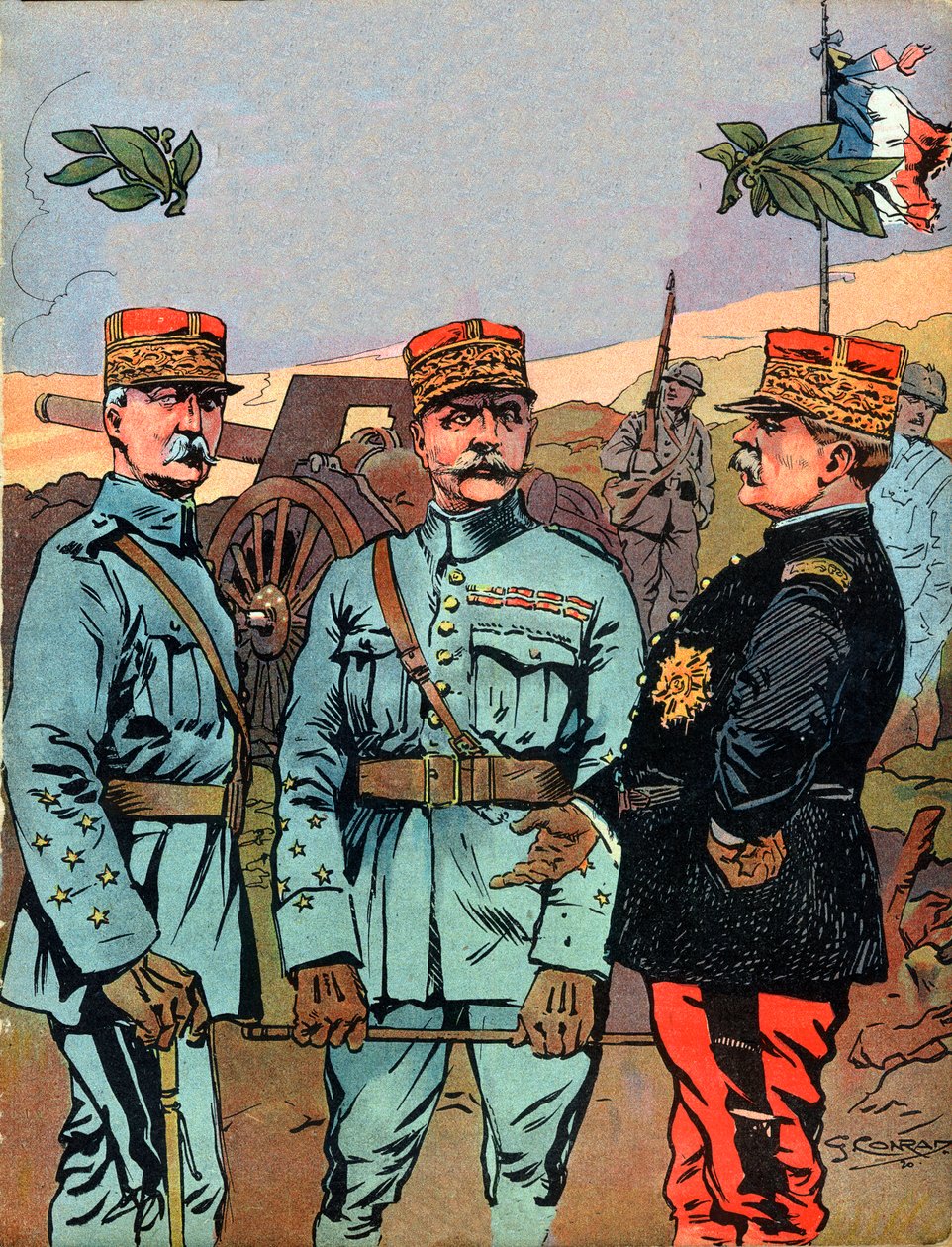 Marechal Joseph Jacques Cesaire Joffre (1852-1931), Marechal Ferdinand Foch (1851-1929) i Marechal Philippe Petain (1856-1951), wielcy wyzwoliciele Francji podczas I wojny światowej - ilustracja Georgesa Conrada (1874-1936) wykonana z „” Nos-Gires autorstwa Georges Conrad