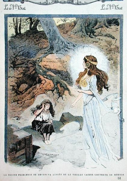 Mała Księżniczka znajduje się przed starą trumną, ilustracja z bajki dla dzieci w magazynie „Mon Journal”. autorstwa Georges Conrad