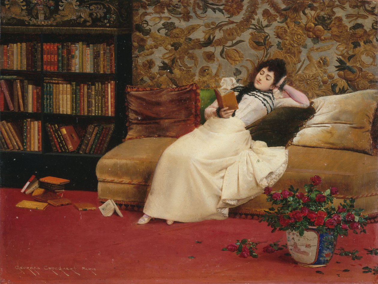 Czytanie, ok. 1890 r. (olej na płótnie) autorstwa Georges Croegaert