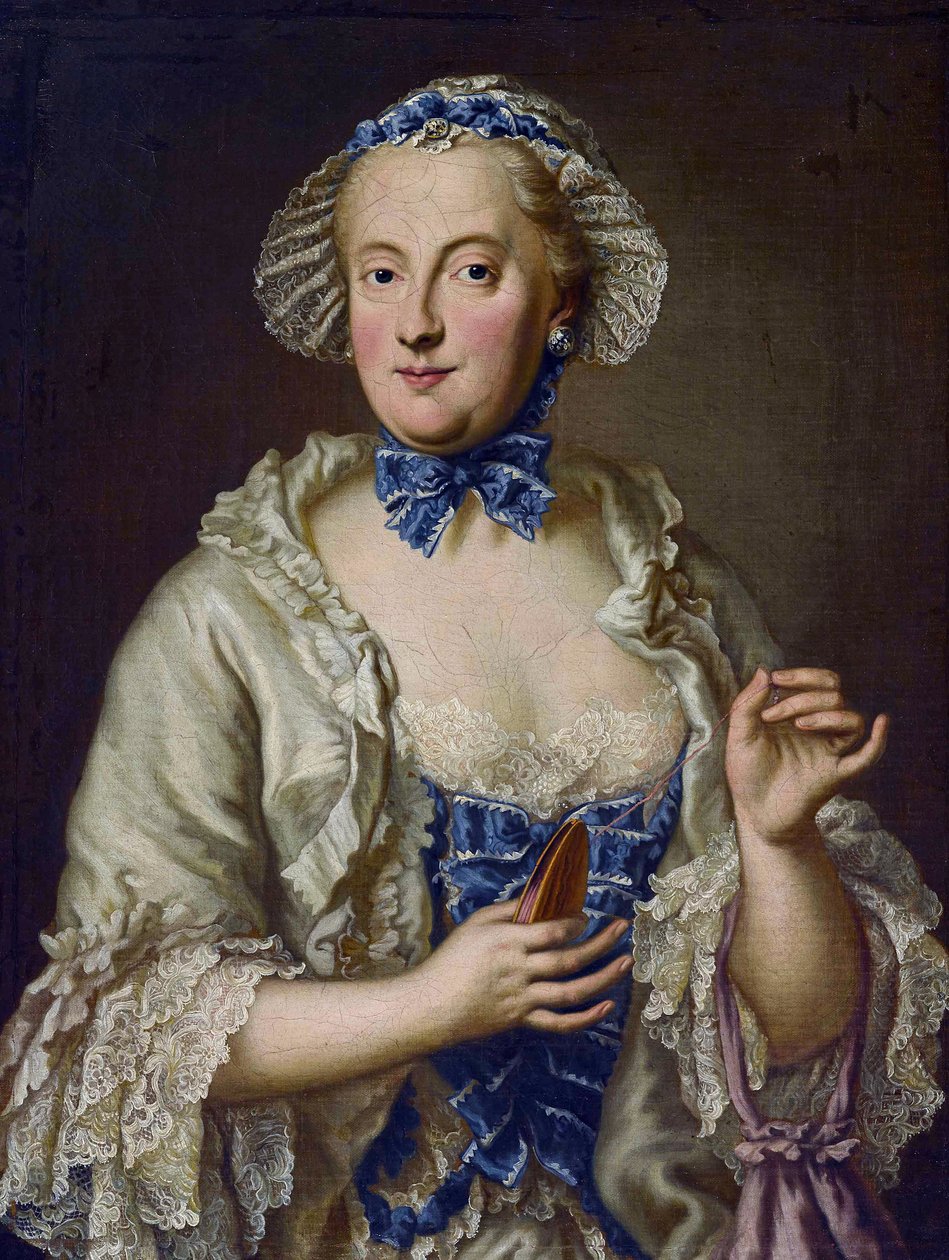 Marie-Anne de Saxe - (Marie Anne de Saxe) - Maria Anna Sophia z Saksonii, elektorka Bawarii (1728-1797) z kołowrotkiem - George Desmarees (1697-1776). Olej na płótnie Wymiar : 82x61,5 cm Kolekcja prywatna autorstwa Georges Desmarées