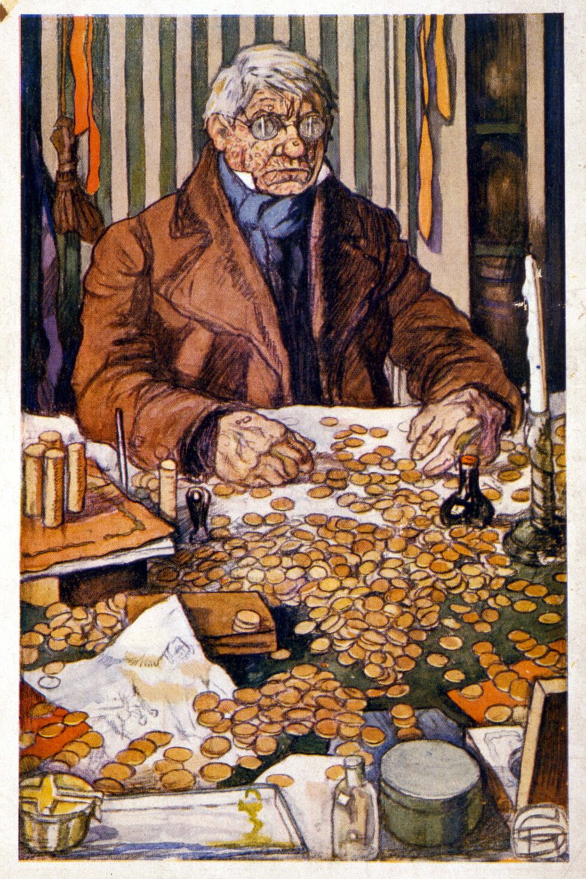 Le pere Grandet liczący swoje pieniądze - ilustracja w „Eugenie Grandet” autorstwa Honore de Balzac, coll. Idealna biblioteka autorstwa Georges Dupuis