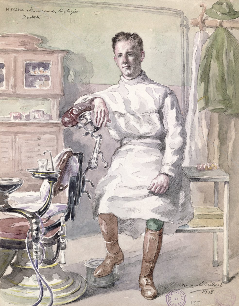 Dentysta wojskowy w amerykańskim szpitalu St. Nazaire, 1918 (wc na papierze) autorstwa Georges Eveillard