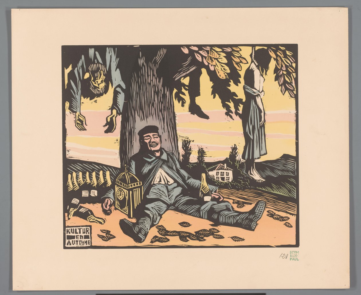 Żołnierz leżący pod drzewem z wisielcami Kultur en automne (tytuł na obiekcie) autorstwa Georges Hermann Rene Paul