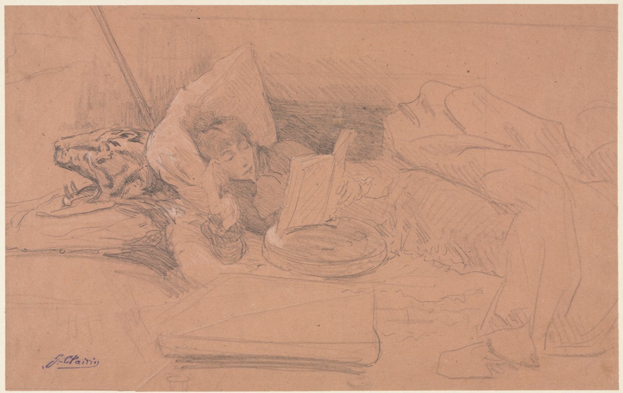 Sarah Bernhardt leżąca na kanapie, czytanie autorstwa Georges Jules Victor Clairin