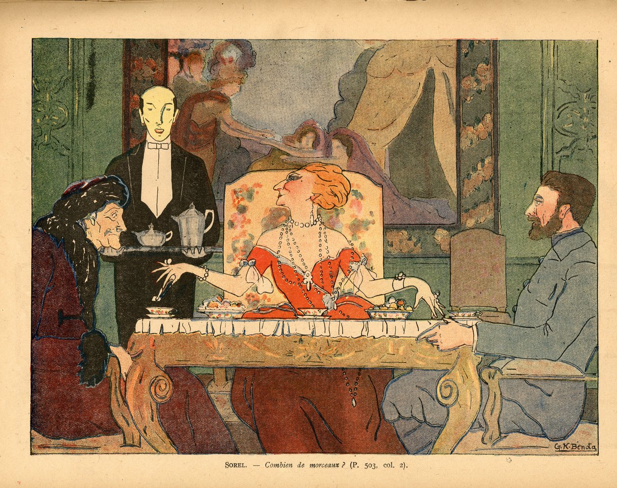 Ile grudek (Cecile Sorel i jej goście, weteran wojskowy i Voltaire) autorstwa Georges Kugelmann Benda