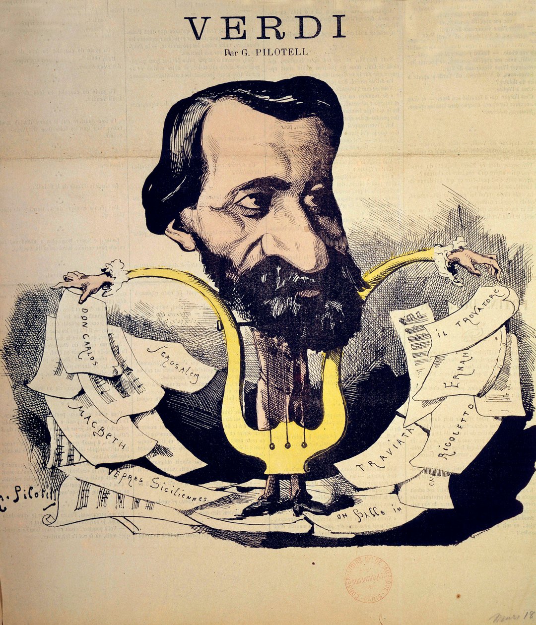 Karykatura kompozytora Giuseppe Verdiego (1813-1901) Pilotella (1845-1918) Marzec 1869. Narodowe Konserwatorium Muzyczne, Paryż autorstwa Georges Labadie Pilotell