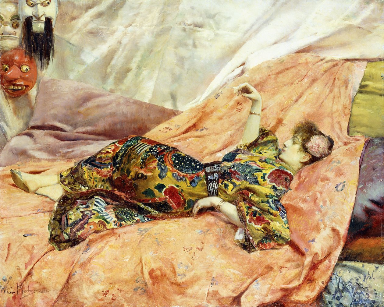 Portret Sarah Bernhardt leżącej we wnętrzu Chinois, autorstwa Georges Marie Rochegrosse