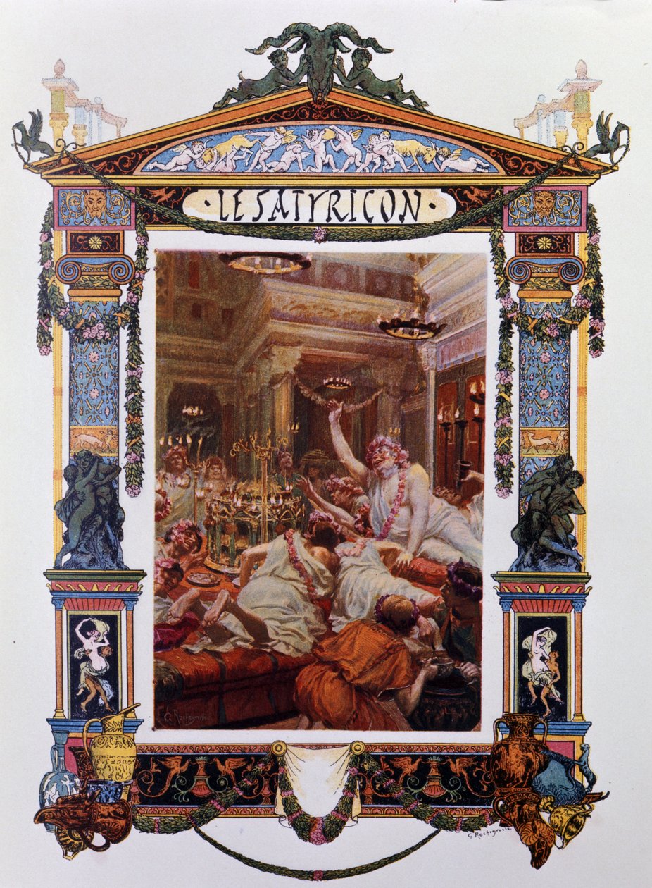 Frontyspicjum dzieła Petrone (Petronio Arbitro) (Petronius Arbiter): Satyricon (satyrykon). Ilustracja Georges-Antoine Rochegrosse (1859-1938) z 1902 r. Milanese . autorstwa Georges Marie Rochegrosse