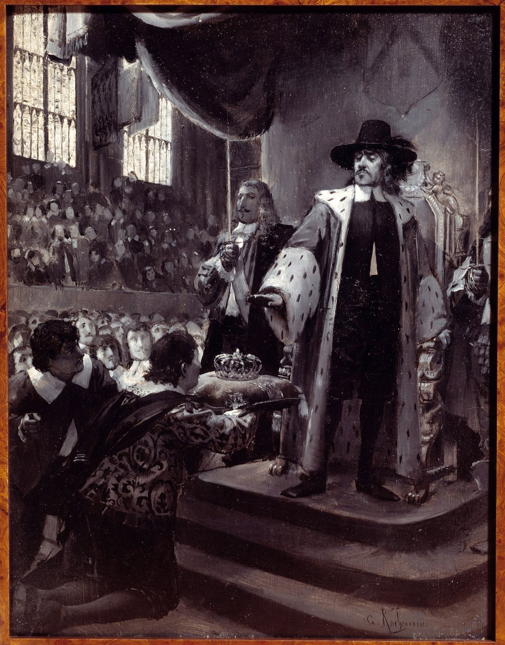 Olivier Cromwell (1599-1658) odrzucający koronę Lord Protektor Republiki Wielkiej Brytanii został zaproponowany przez Skromną Petycję i Avis (Nowy Parlament) w 1658 r. Grisaille na drewnie – Georges Antoine Rochegrosse (1859-1938) XIX wiek . autorstwa Georges Marie Rochegrosse