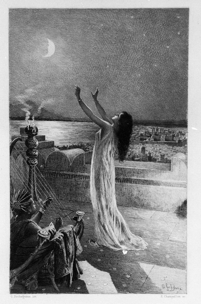 Salammbo, córka Hamilcara Barca (lub Barcas), modli się do Tanita, bogini księżyca Ilustracja Georgesa Antoine Rochegrosse (1859-1938) do powieści Gustave