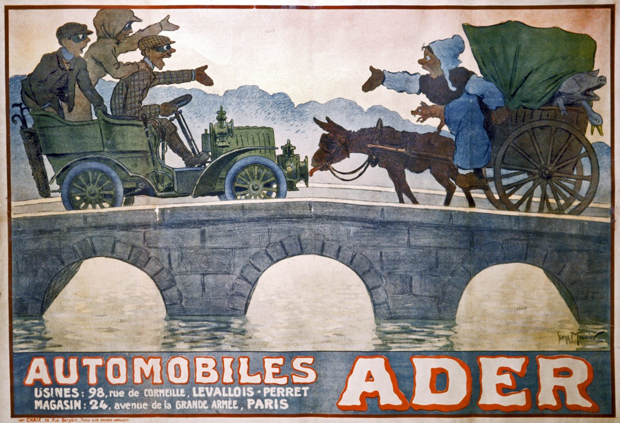 Konflikt między wozem a samochodem, ok. 1910 r. (plakat) autorstwa Georges Meunier