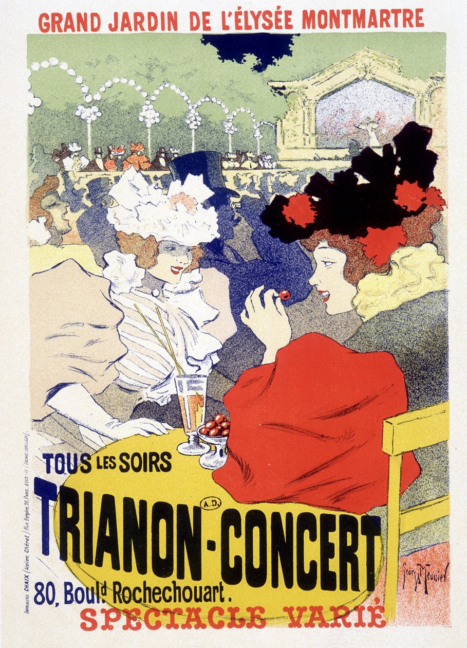 Koncert Trianon, codzienny pokaz w wielkim ogrodzie Elysee Montmartre (Elysee-Montmartre) w Paryżu. Plakat Georgesa Meuniera autorstwa Georges Meunier