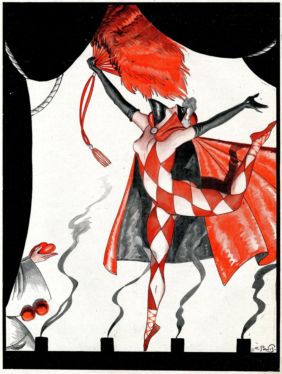 Wieczna pantomima, walet kier i królowa diamentów - ilustracja z la Vie Parisienne autorstwa Georges Pavis