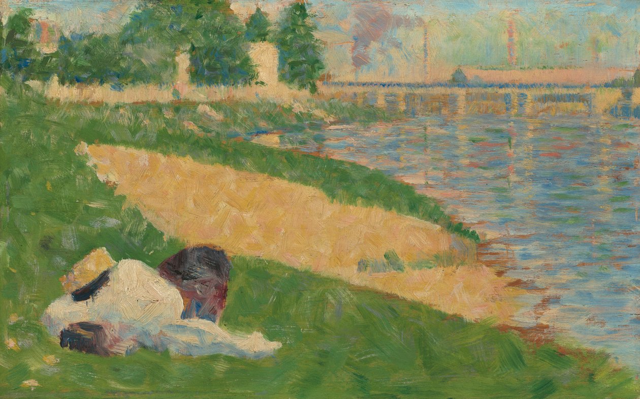 Sekwana z ubraniami na ławce, studium dla kąpiących się w Asnières, 18831884. autorstwa Georges Pierre Seurat