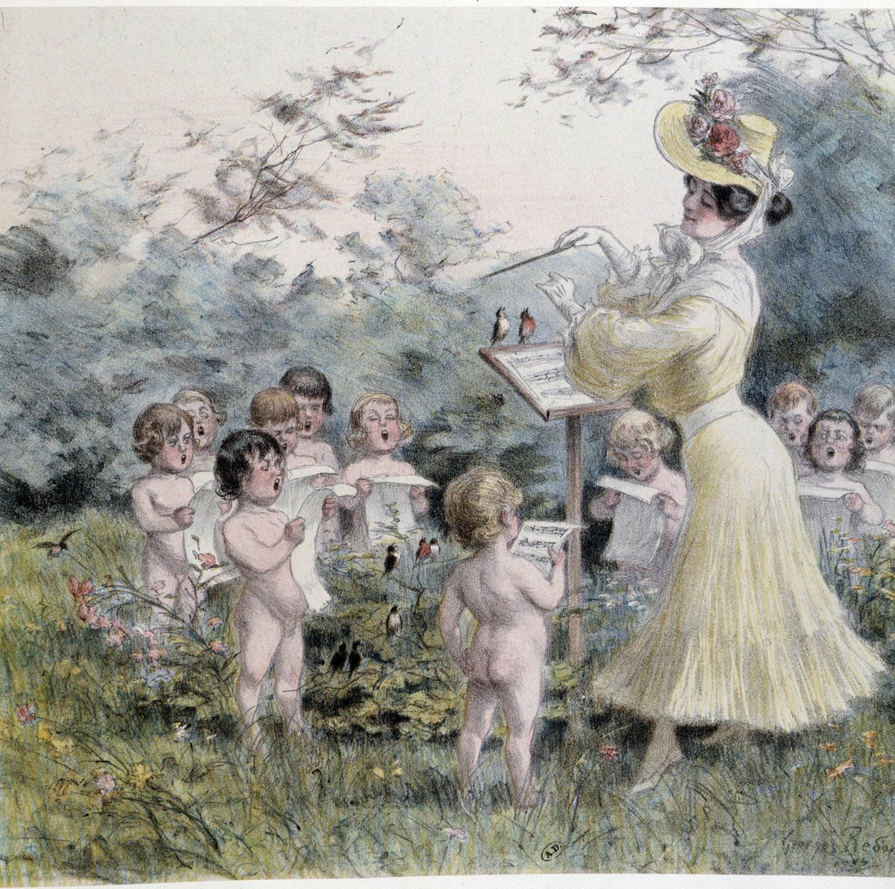 Amours: młoda kobieta śpiewająca cherubiny autorstwa Georges Redon