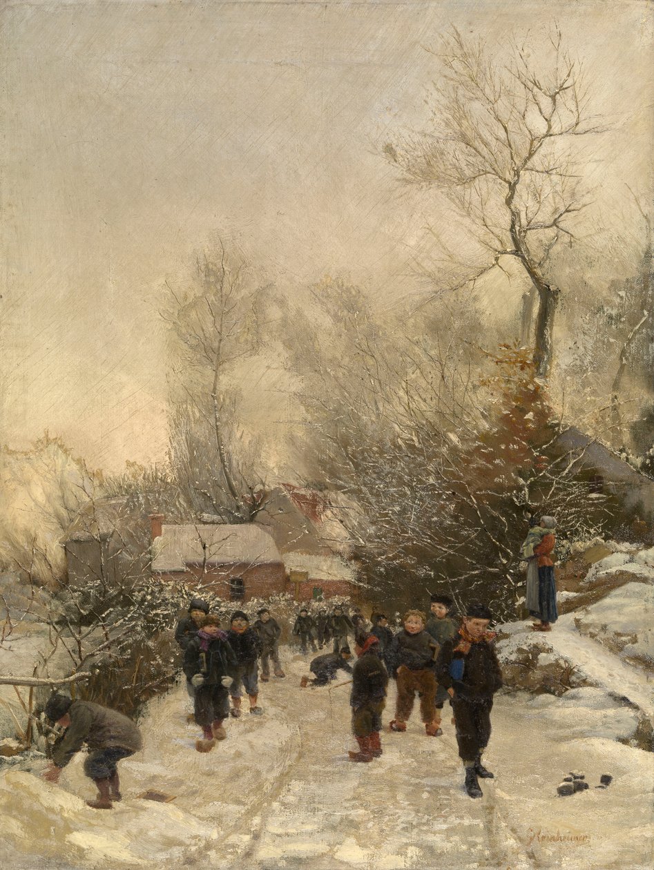 Wieś z dziećmi w śniegu (olej na płótnie) autorstwa Georges Reinheimer