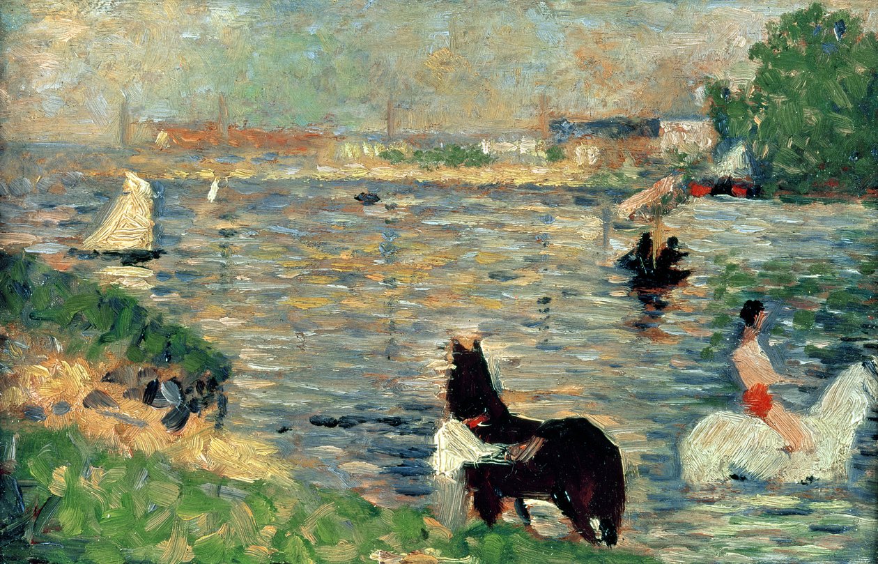 Konie w rzece, ok. 1883 (panel) (studium dla Baignade) autorstwa Georges Seurat
