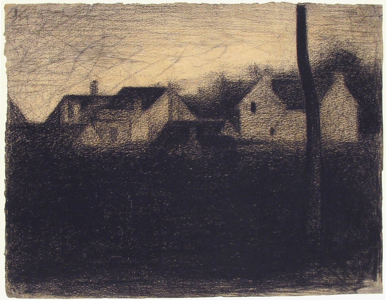Pejzaż z domami, 1882-83 (kredka Conté) autorstwa Georges Seurat